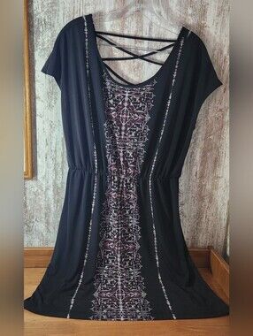 Maurices Black Midi Dress with Purple & Cream Panel Criss Cross Back Cap Sleeves